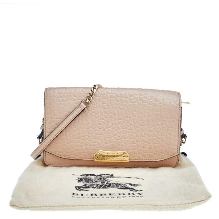 Pre Owned Burberry Beige Textured Leather Flap Wallet On Chain