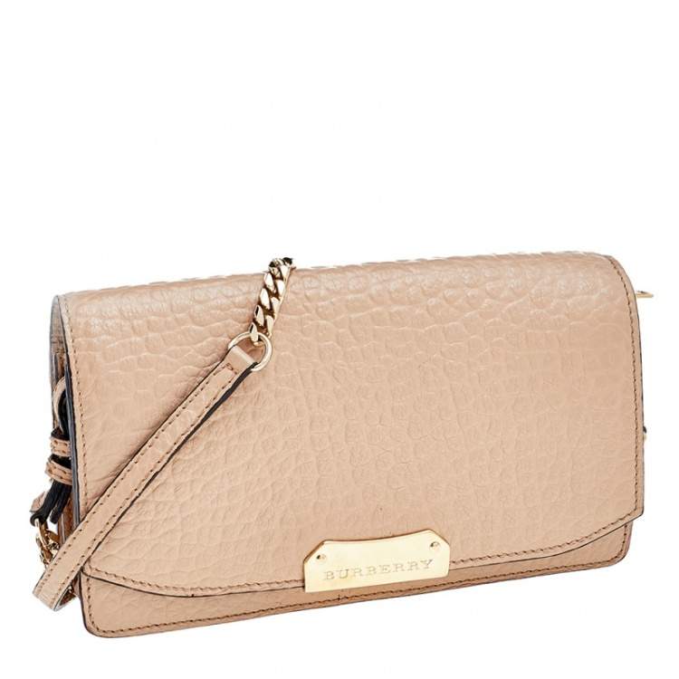 Pre Owned Burberry Beige Textured Leather Flap Wallet On Chain