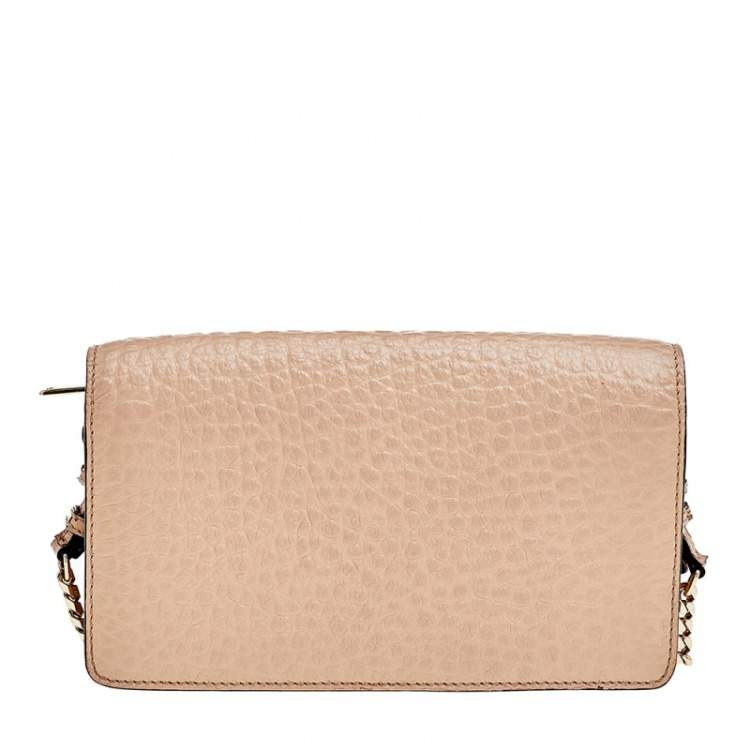 Pre Owned Burberry Beige Textured Leather Flap Wallet On Chain