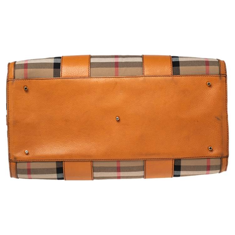 Pre Owned Burberry Orange/Beige House Check Canvas and Leather Duffel Bag
