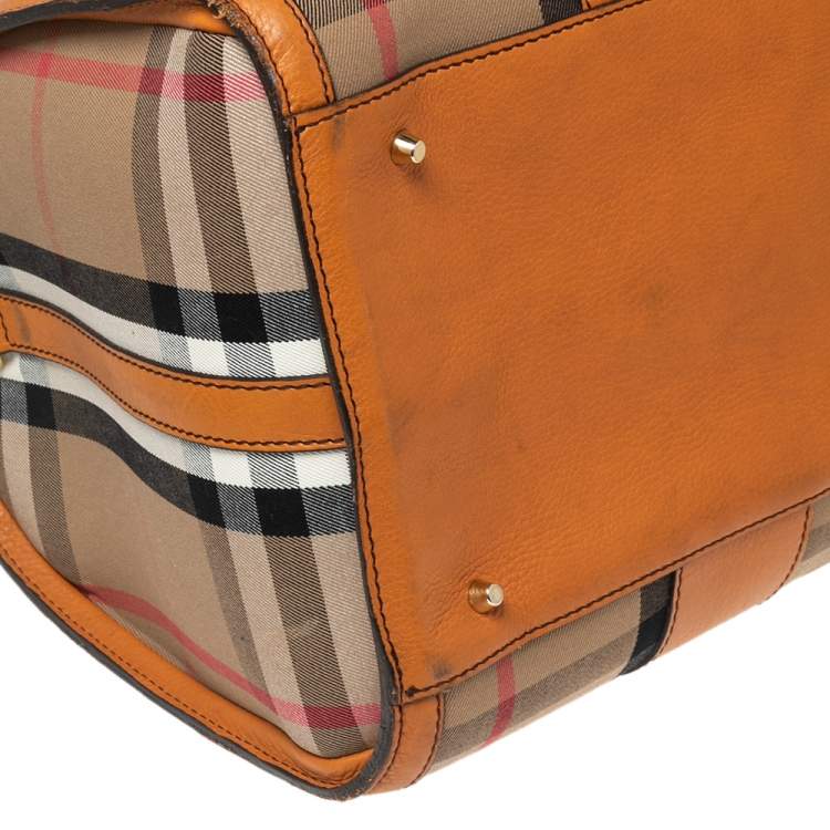 Pre Owned Burberry Orange/Beige House Check Canvas and Leather Duffel Bag