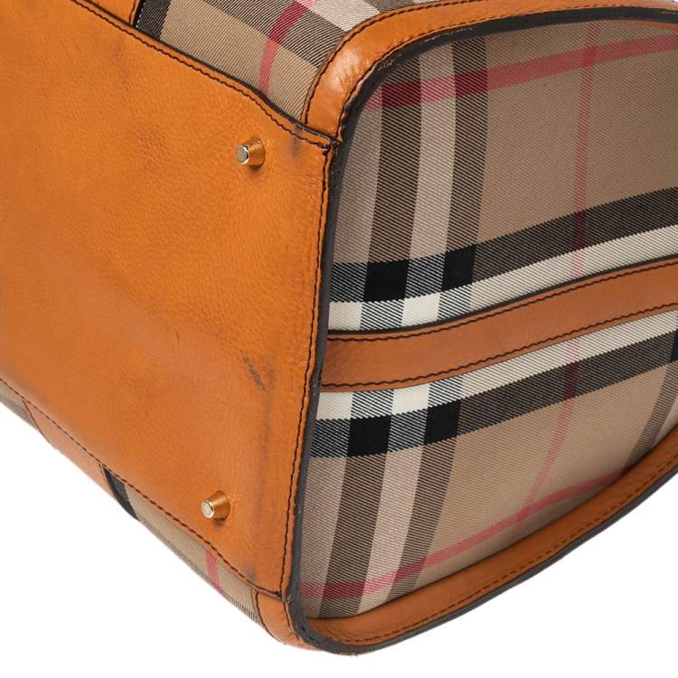 Pre Owned Burberry Orange/Beige House Check Canvas and Leather Duffel Bag