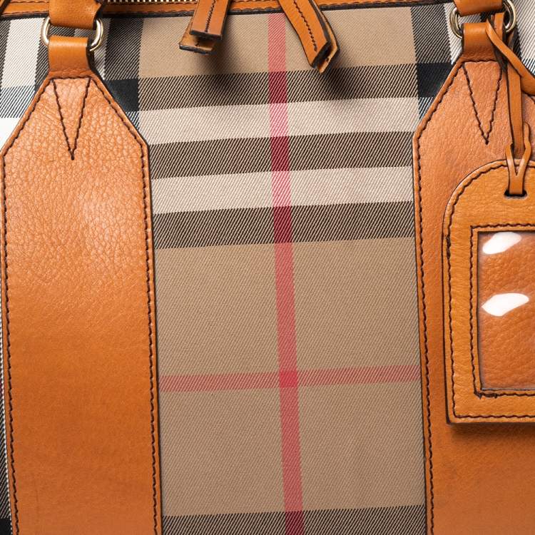 Pre Owned Burberry Orange/Beige House Check Canvas and Leather Duffel Bag