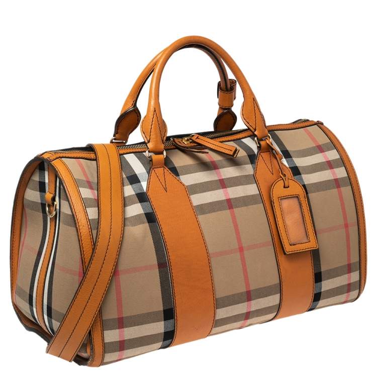Pre Owned Burberry Orange/Beige House Check Canvas and Leather Duffel Bag