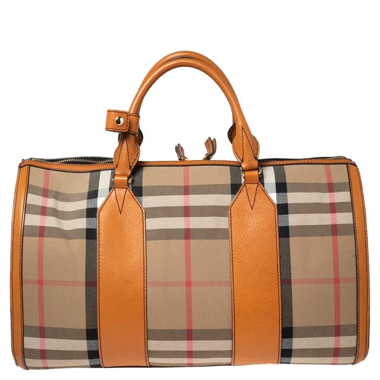 Pre Owned Burberry Orange/Beige House Check Canvas and Leather Duffel Bag