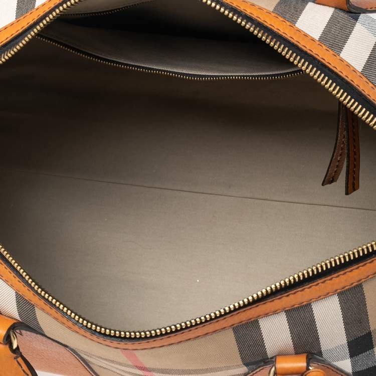 Pre Owned Burberry Orange/Beige House Check Canvas and Leather Duffel Bag