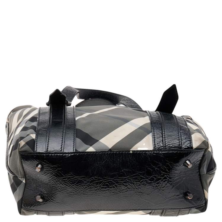 Pre Owned Burberry Black Beat Check Nylon And Patent Leather Victoria Tote