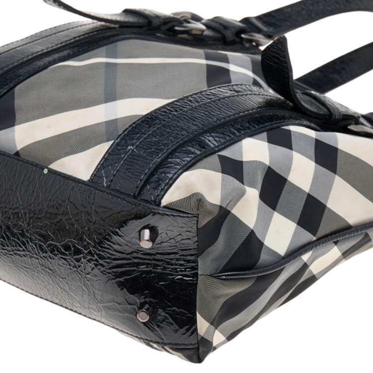 Pre Owned Burberry Black Beat Check Nylon And Patent Leather Victoria Tote