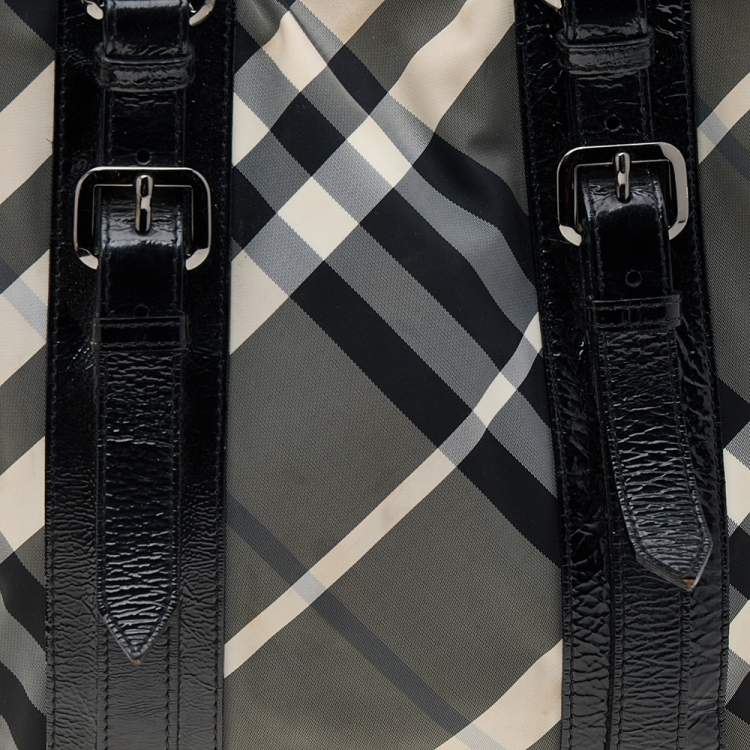 Pre Owned Burberry Black Beat Check Nylon And Patent Leather Victoria Tote