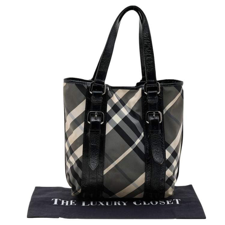 Pre Owned Burberry Black Beat Check Nylon And Patent Leather Victoria Tote