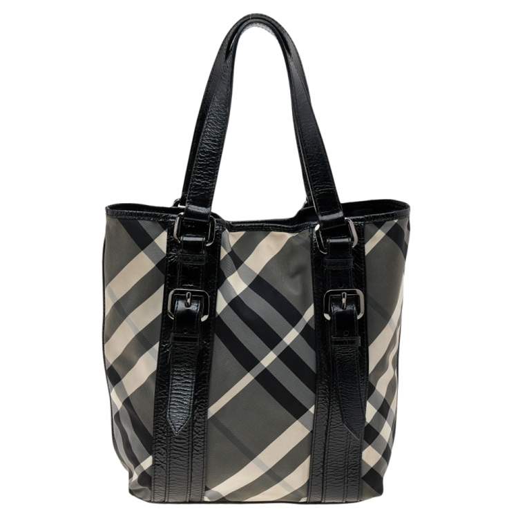 Pre Owned Burberry Black Beat Check Nylon And Patent Leather Victoria Tote