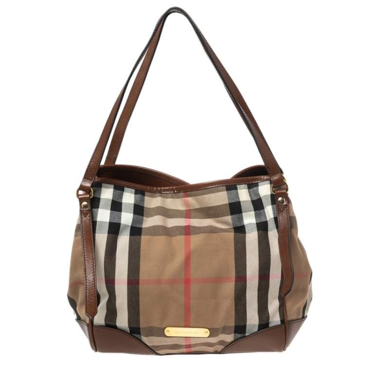 Burberry Brown Leather Bridle House Check Canvas Canterbury Tote Bag