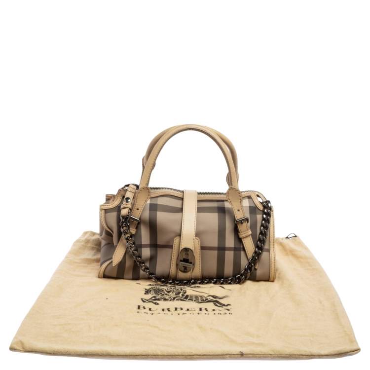 Pre Owned Burberry Beige/Grey Smoked Check PVC and Leather Bartow Bowler Bag