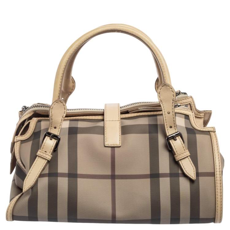 Pre Owned Burberry Beige/Grey Smoked Check PVC and Leather Bartow Bowler Bag