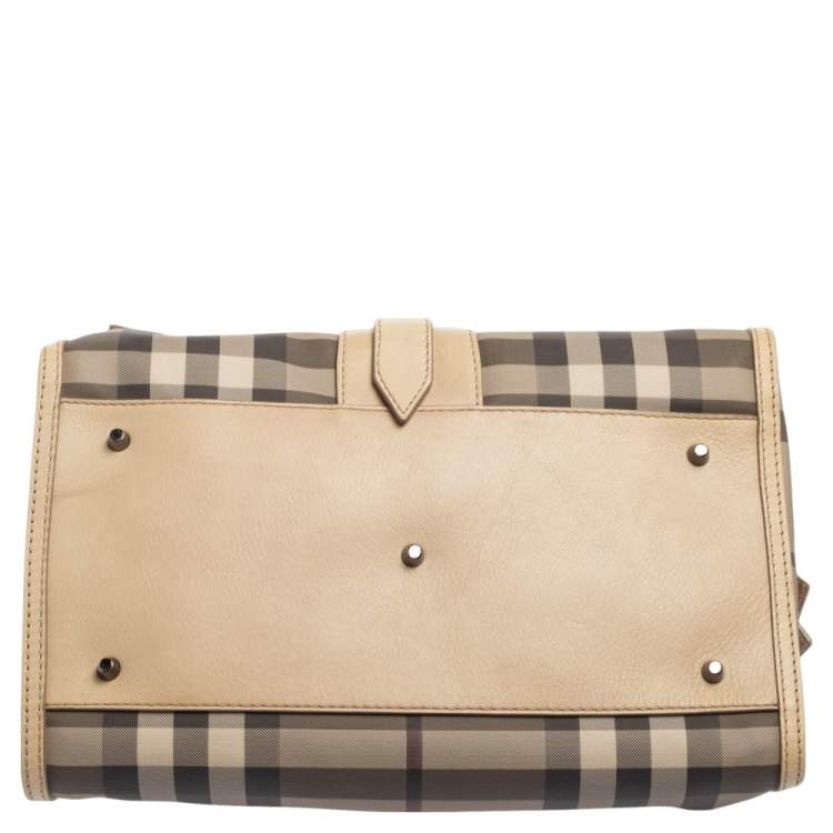 Pre Owned Burberry Beige/Grey Smoked Check PVC and Leather Bartow Bowler Bag