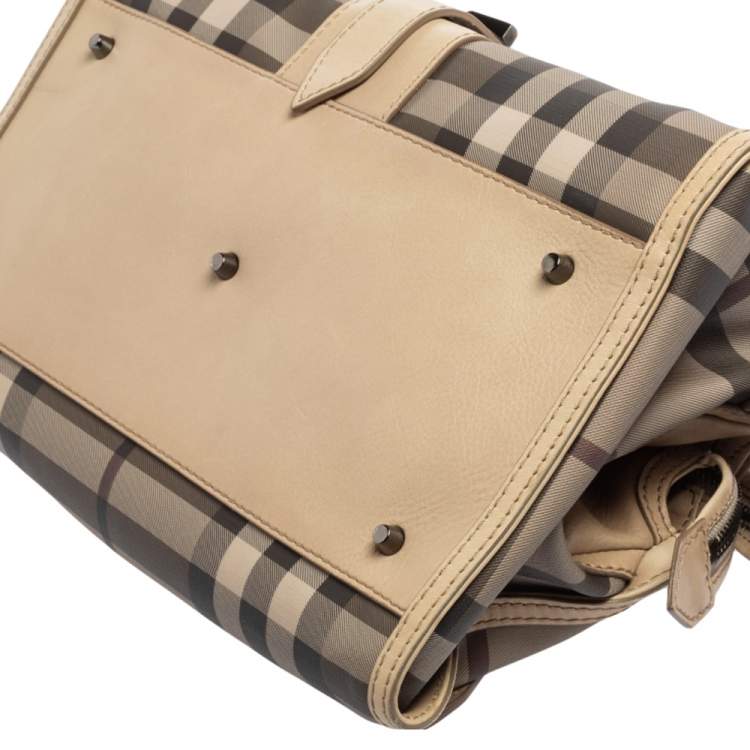 Pre Owned Burberry Beige/Grey Smoked Check PVC and Leather Bartow Bowler Bag
