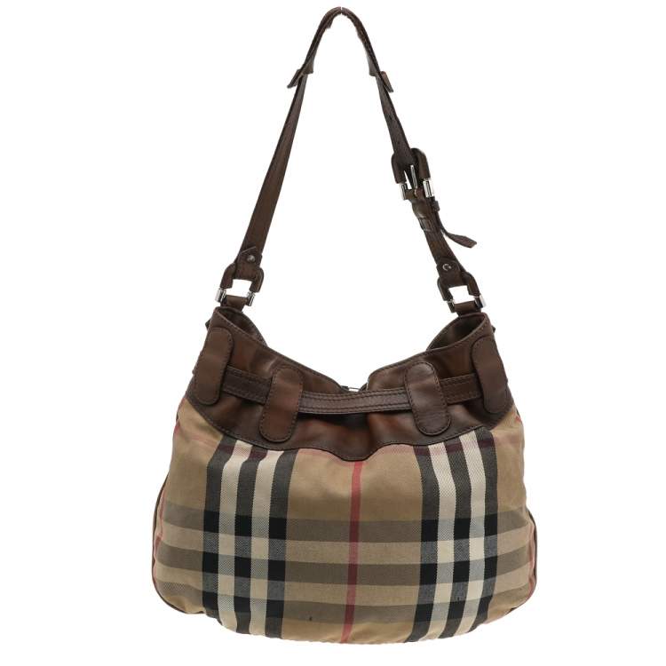 Pre Owned Burberry Beige/Brown Leather And Nova Check Canvas Hobo