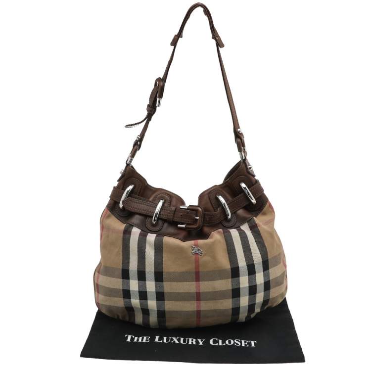 Pre Owned Burberry Beige/Brown Leather And Nova Check Canvas Hobo