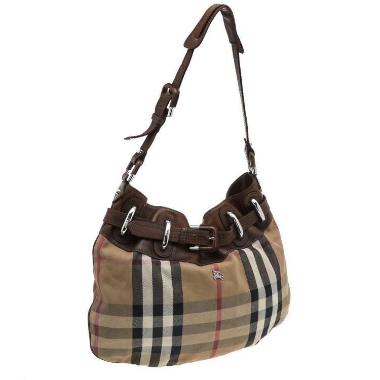 Pre Owned Burberry Beige/Brown Leather And Nova Check Canvas Hobo