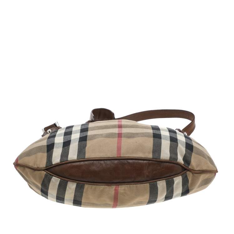 Pre Owned Burberry Beige/Brown Leather And Nova Check Canvas Hobo