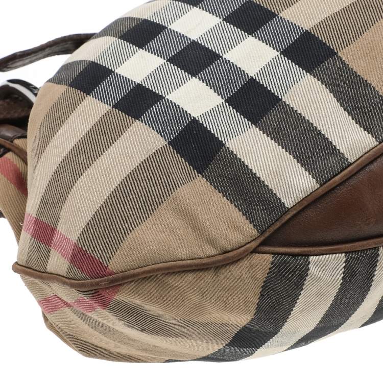 Pre Owned Burberry Beige/Brown Leather And Nova Check Canvas Hobo