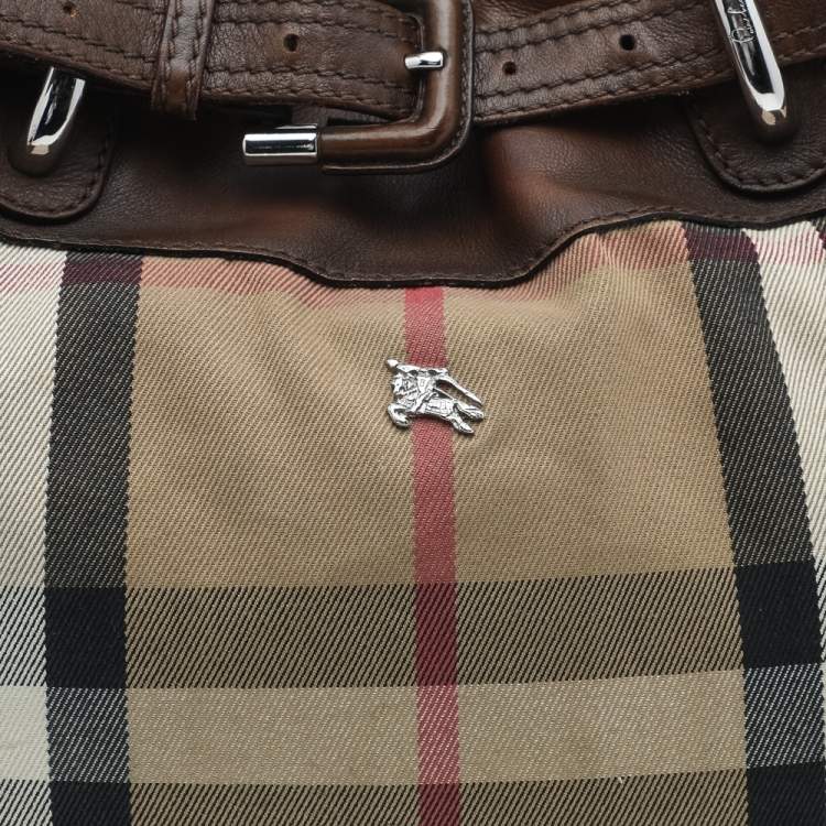 Pre Owned Burberry Beige/Brown Leather And Nova Check Canvas Hobo