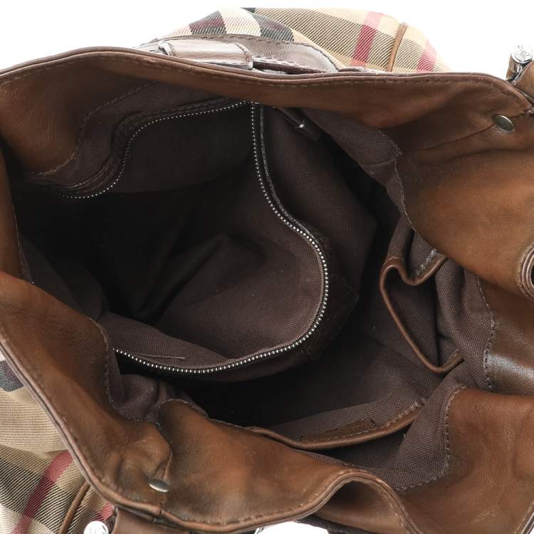 Pre Owned Burberry Beige/Brown Leather And Nova Check Canvas Hobo