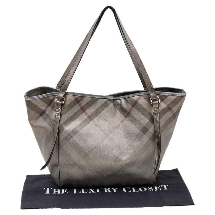 Pre Owned Burberry Metallic Grey Nova Check Coated Canvas And Leather Canterbury Tote