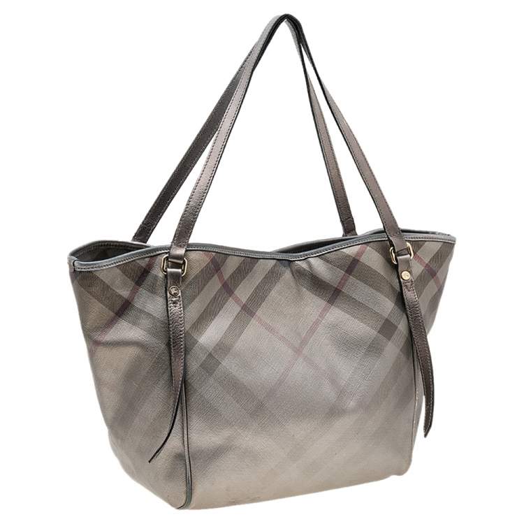 Pre Owned Burberry Metallic Grey Nova Check Coated Canvas And Leather Canterbury Tote