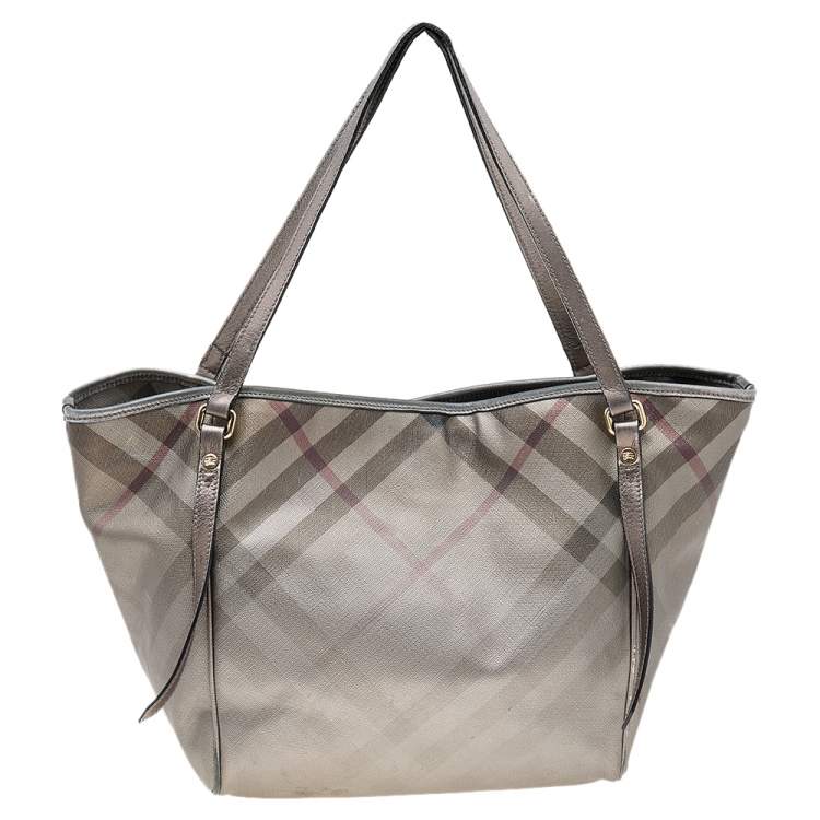 Pre Owned Burberry Metallic Grey Nova Check Coated Canvas And Leather Canterbury Tote