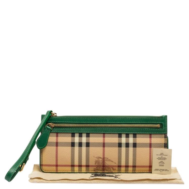 Pre Owned Burberry Beige/Green Haymarket Check PVC and Leather Wristlet Clutch