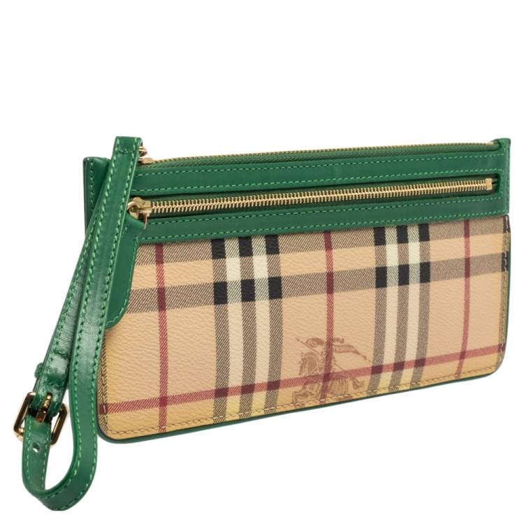 Pre Owned Burberry Beige/Green Haymarket Check PVC and Leather Wristlet Clutch