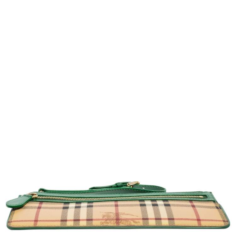 Pre Owned Burberry Beige/Green Haymarket Check PVC and Leather Wristlet Clutch