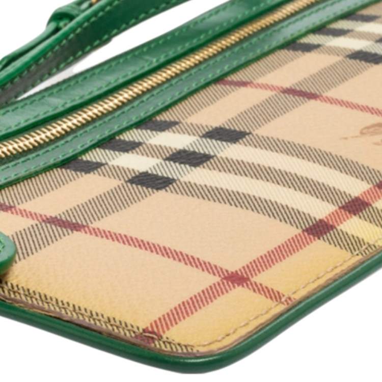 Pre Owned Burberry Beige/Green Haymarket Check PVC and Leather Wristlet Clutch