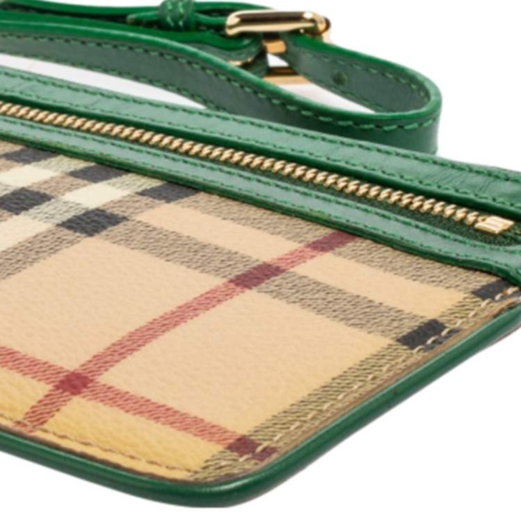 Pre Owned Burberry Beige/Green Haymarket Check PVC and Leather Wristlet Clutch