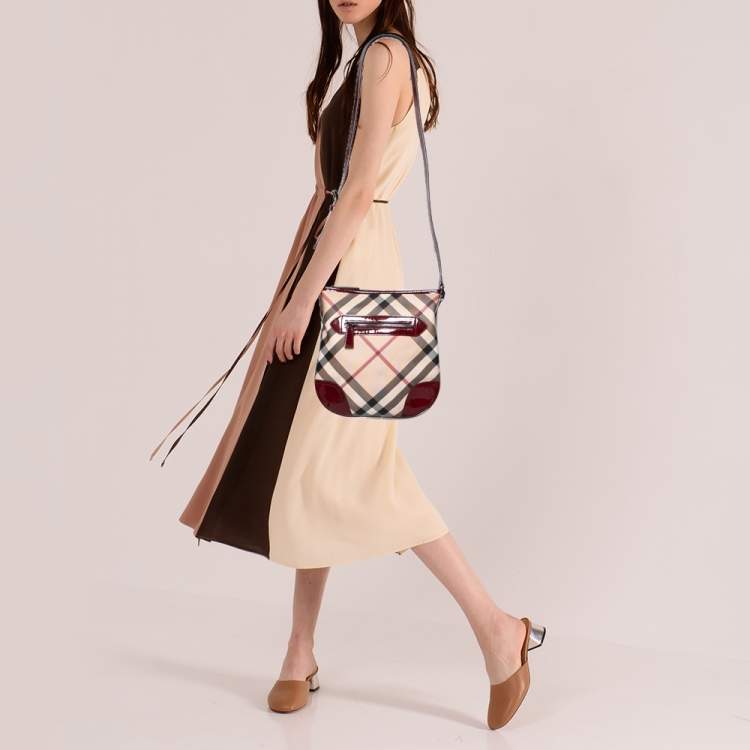 Burberry Beige/Maroon Nova Check Coated Canvas and Patent Leather Dryden Crossbody  Bag Burberry