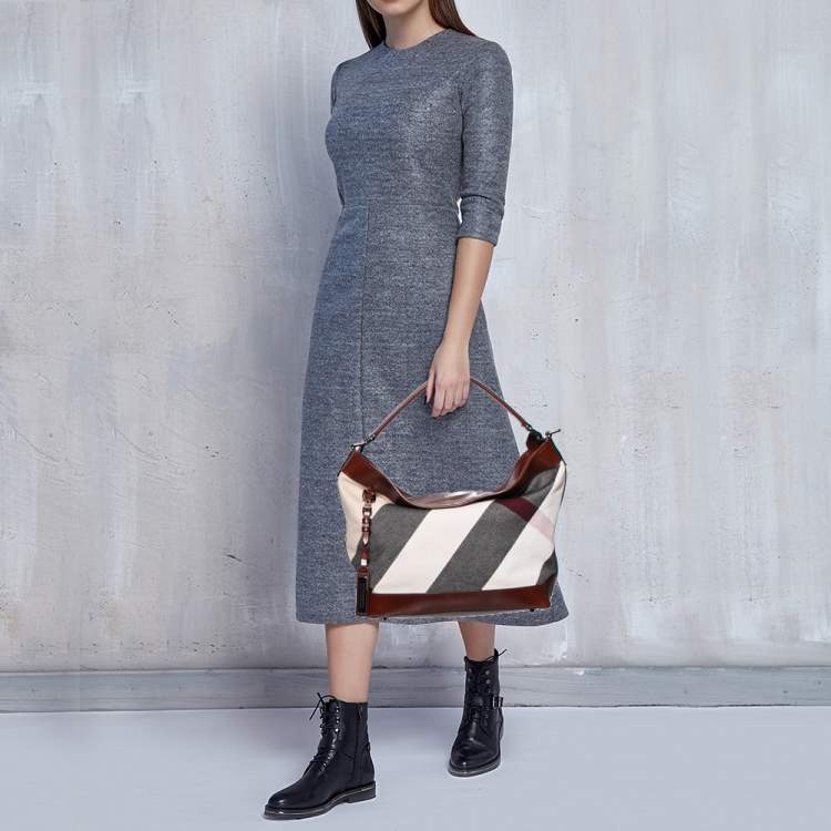 Pre Owned Burberry Brown Check Canvas and Leather Bucket Shoulder Bag