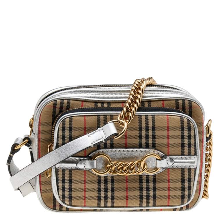 Burberry Beige Silver 1983 Knight Check Canvas and Leather Link Camera Bag Burberry The Luxury Closet