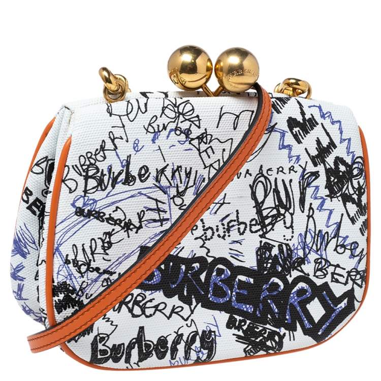 Pre Owned Burberry Orange/White Doddle Print Canvas and Leather Frame Clutch Bag