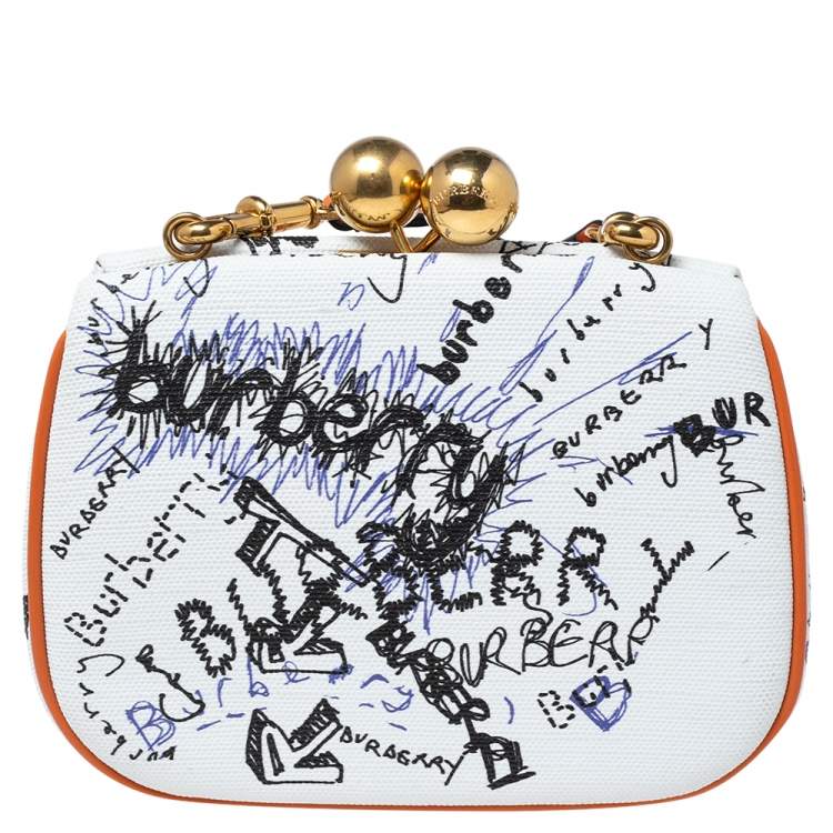 Pre Owned Burberry Orange/White Doddle Print Canvas and Leather Frame Clutch Bag