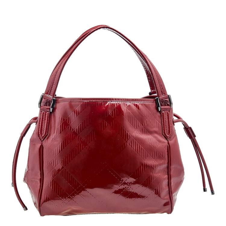 Pre Owned Burberry Red Check Embossed Patent Leather Bilmore Tote