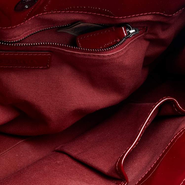 Pre Owned Burberry Red Check Embossed Patent Leather Bilmore Tote