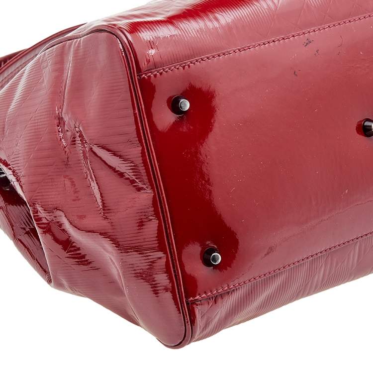 Pre Owned Burberry Red Check Embossed Patent Leather Bilmore Tote