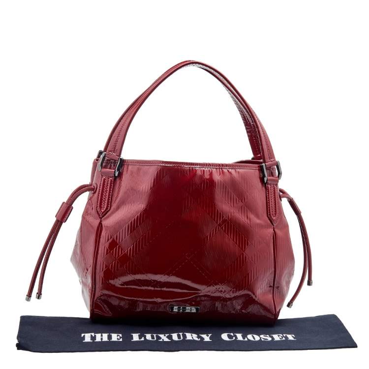 Pre Owned Burberry Red Check Embossed Patent Leather Bilmore Tote