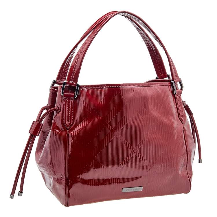 Pre Owned Burberry Red Check Embossed Patent Leather Bilmore Tote