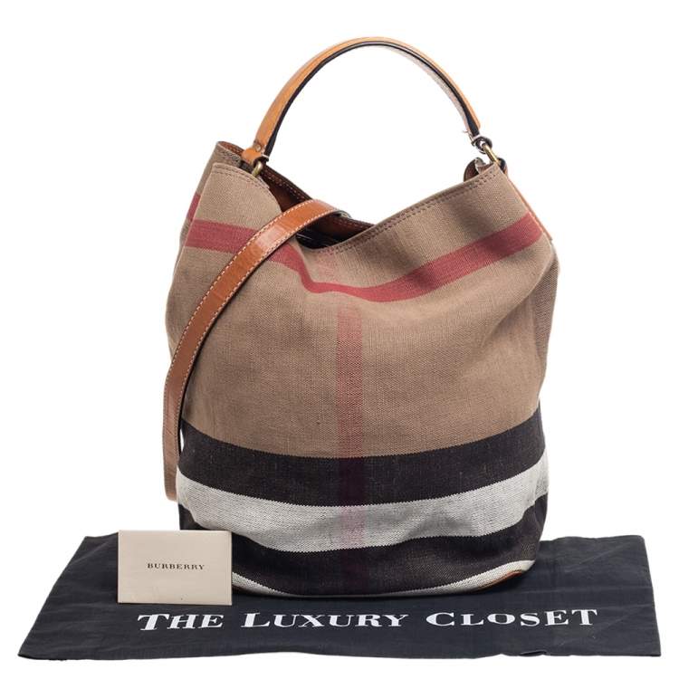 Pre Owned Burberry Beige/Brown Supernova Check Canvas And Leather Ashby Bucket Bag