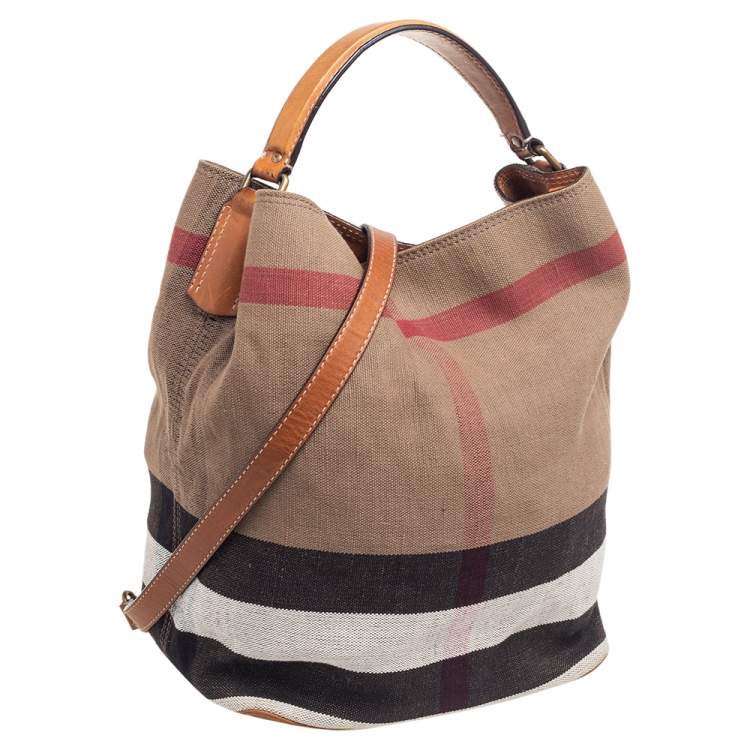 Pre Owned Burberry Beige/Brown Supernova Check Canvas And Leather Ashby Bucket Bag