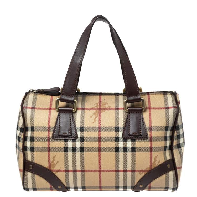 Pre Owned Burberry Beige Haymarket Coated Canvas and Leather Chester Bowling Bag