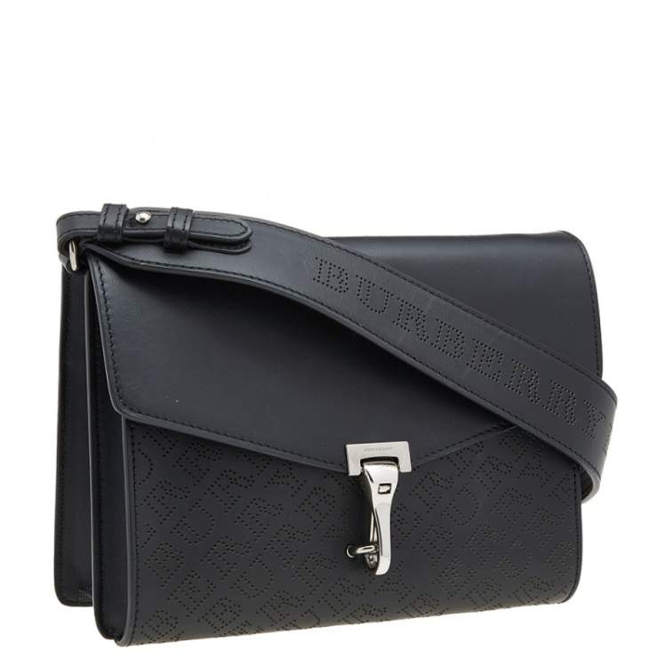 Pre Owned Burberry Black Logo Perforated Leather Small Macken Crossbody Bag