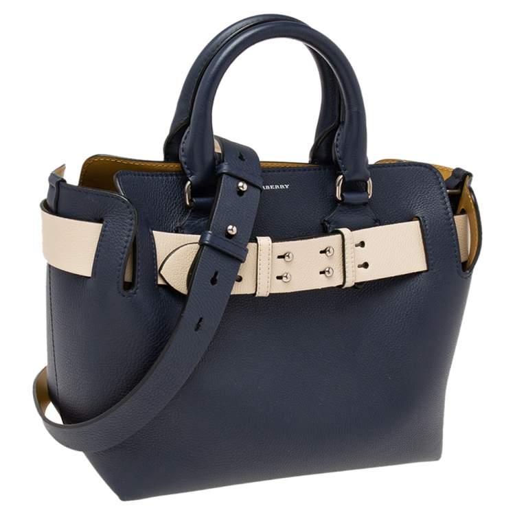Pre Owned Burberry Navy Blue Leather Small Belt Tote